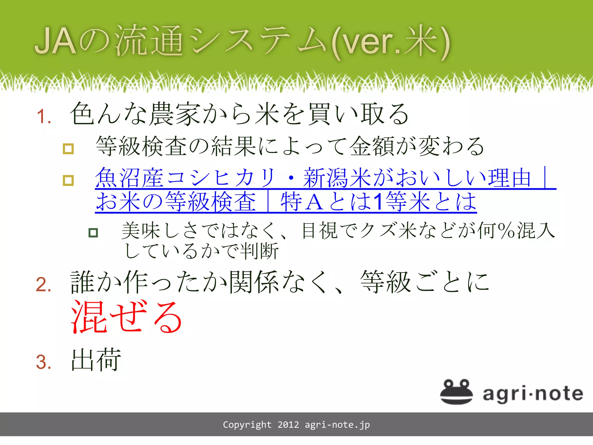 1.   色んな農家から米を買い取る
        等級検査の結果によって金額が変わる
        魚沼産コシヒカリ・新潟米がおいしい理由｜
         お米の等級検査｜特Ａとは1等米とは
            美味しさではなく、目視でクズ米などが何％混入
             しているかで判断
2.   誰か作ったか関係なく、等級ごとに
     混ぜる
3.   出荷

                  Copyright 2012 agri-note.jp
 