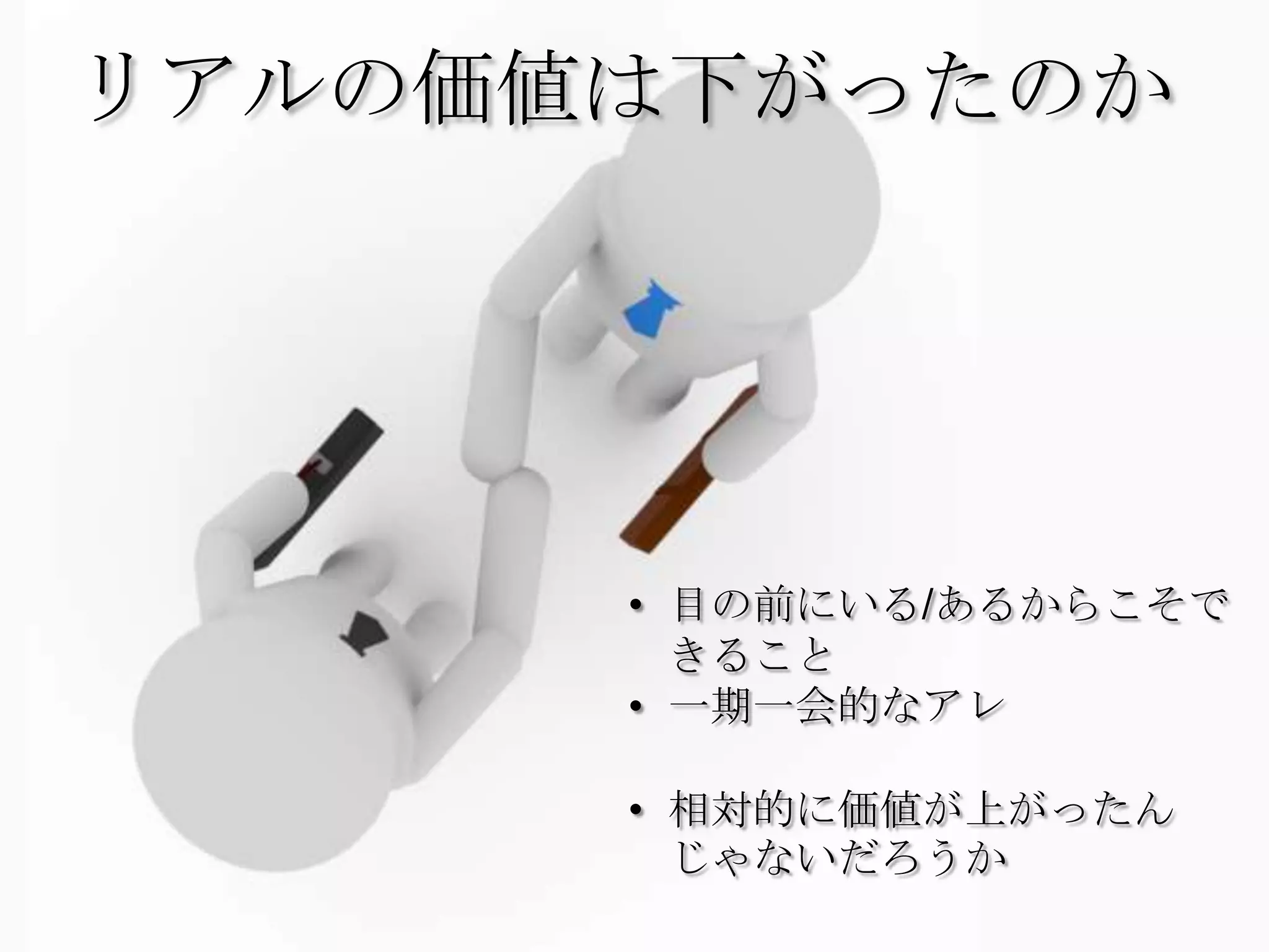 リアルの価値は下がったのか




                &bull; 目の前にいる/あるからこそで
                  きること
                &bull; 一期一会的なアレ

                &bull; 相対的に価値が上がったん
                  じゃないだろうか
    Copyright 2012 agri-note.jp
 