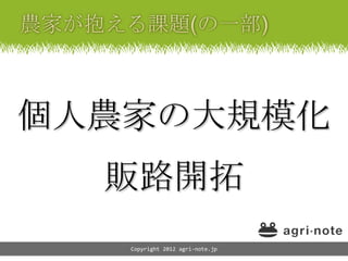 個人農家の大規模化
  販路開拓
   Copyright 2012 agri-note.jp
 