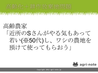 高齢農家
「近所のSさんがやる気もあって
 若い(※50代)し、ワシの農地を
 預けて使ってもらおう」


      Copyright 2012 agri-note.jp
 