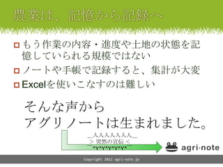  もう作業の内容・進度や土地の状態を記
  憶していられる規模ではない
 ノートや手帳で記録すると、集計が大変
 Excelを使いこなすのは難しい


 そんな声から
 アグリノートは生まれました。
        ＿人人人人人人人＿
        ＞ 突然の宣伝 ＜
        ￣^Y^Y^Y^Y^Y^￣
       Copyright 2012 agri-note.jp
 