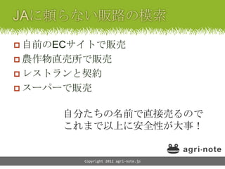  自前のECサイトで販売
 農作物直売所で販売
 レストランと契約
 スーパーで販売


     自分たちの名前で直接売るので
     これまで以上に安全性が大事！


        Copyright 2012 agri-note.jp
 