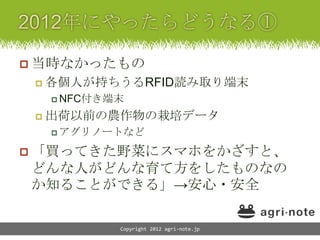  当時なかったもの
    各個人が持ちうるRFID読み取り端末
      NFC付き端末

    出荷以前の農作物の栽培データ
      アグリノートなど

 「買ってきた野菜にスマホをかざすと、
どんな人がどんな育て方をしたものなの
か知ることができる」→安心・安全

             Copyright 2012 agri-note.jp
 