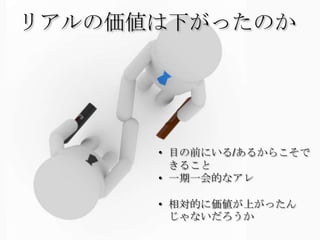 リアルの価値は下がったのか




                • 目の前にいる/あるからこそで
                  きること
                • 一期一会的なアレ

                • 相対的に価値が上がったん
                  じゃないだろうか
    Copyright 2012 agri-note.jp
 