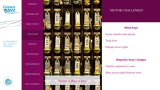 Metal keys
Secure transfer and copying
Track keys
Manage access rights
Magnetic keys / badges
Transfer equipment to users
Share access rights between users
The end of physical keys?
SECTOR CHALLENGES
AUTONOMOUS
NFC ACCESS
CONTROL
DEVELOPMENTS
SUMMARY
BACKGROUND
OBJECT FOCUS
CHALLENGE
PROCESS
ADVANTAGES
OTHER MARKETS
DO IT YOURSELF
 