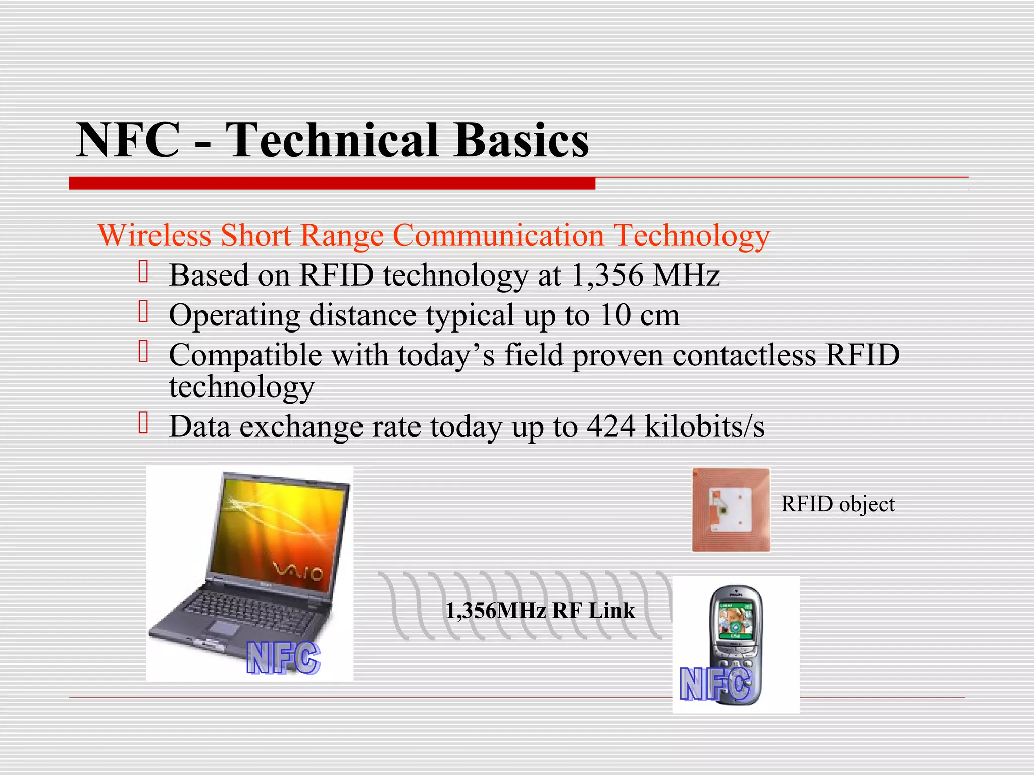 NFC - Technical Basics
Wireless Short Range Communication Technology
   Based on RFID technology at 1,356 MHz
   Operating distance typical up to 10 cm
   Compatible with today’s field proven contactless RFID
     technology
   Data exchange rate today up to 424 kilobits/s

                                                RFID object



                        1,356MHz RF Link
 