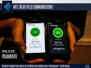 NFC (NEAR FIELD COMMUNICATION)

#PEER_TO_PEER

PAGAMENTO
MÉTODO DE PESQUISA PARA ANÁLISE DA EXPERIÊNCIA DOS USUÁRIOS COM A TECNOLOGIA NFC | VICTOR NASSAR

11 | 24

 
