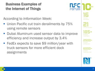 Business Examples of
the Internet of Things
According to Information Week:
 Union Pacific cut train derailments by 75%
using remote sensors
 Dubai Aluminum used sensor data to improve
efficiency and increase output by 3.4%
 FedEx expects to save $9 million/year with
truck sensors for more efficient dock
assignments
7
 