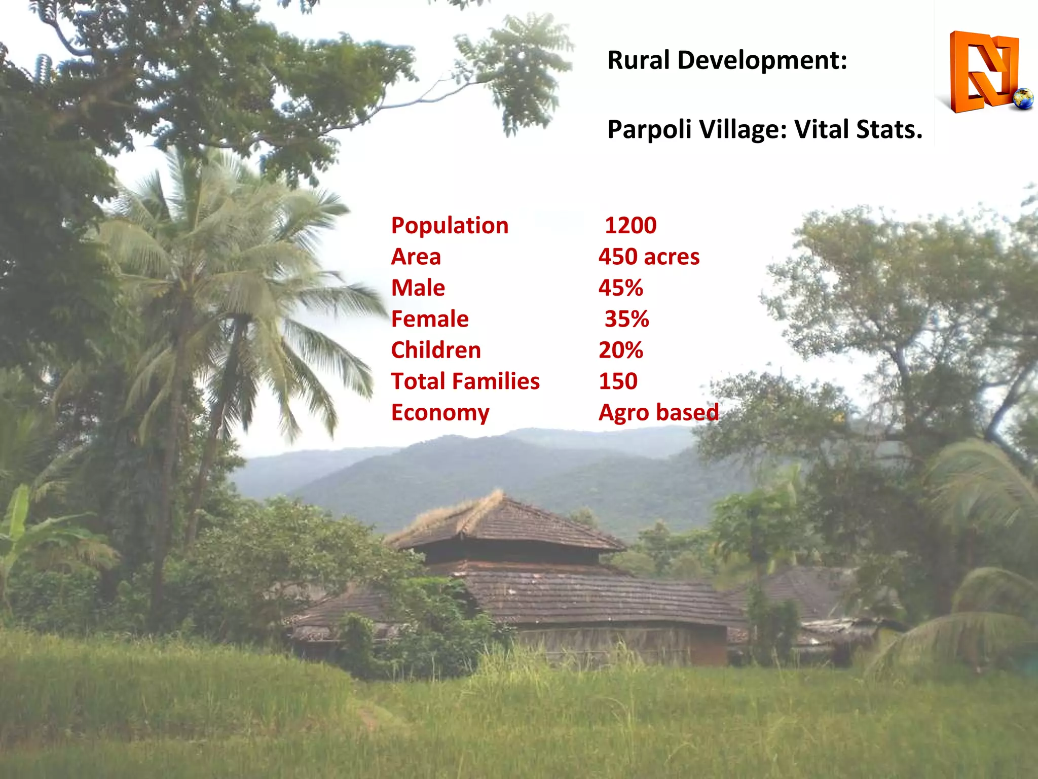 Rural Development:  Parpoli Village: Vital Stats. Population        1200 Area                 450 acres Male                 45% Female              35% Children           20% Total Families  150 Economy          Agro based 