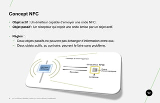 Concept NFC
• Objet actif : Un émetteur capable d’envoyer une onde NFC.
• Objet passif : Un récepteur qui reçoit une onde ...