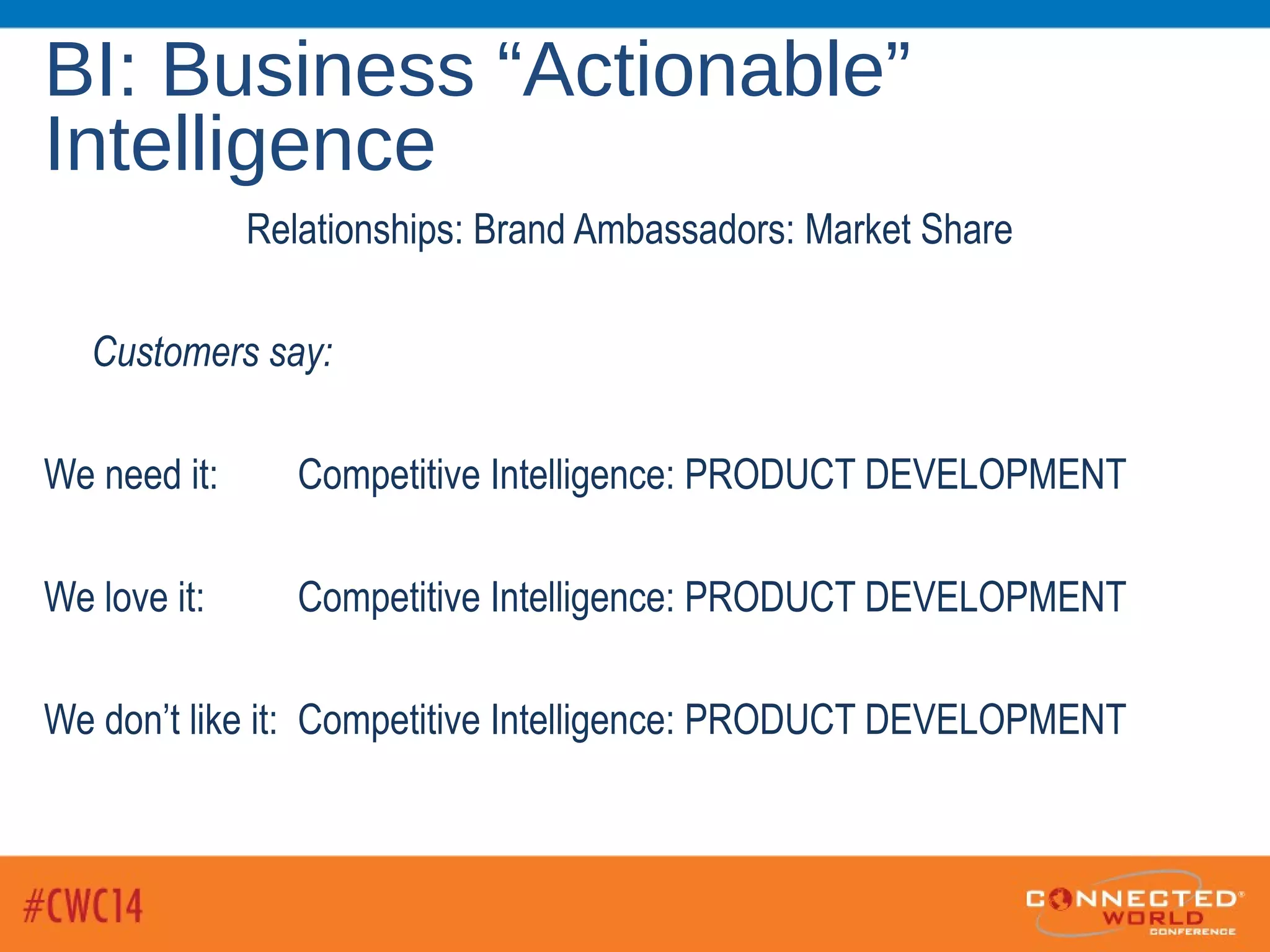 BI: Business “Actionable”
Intelligence
Relationships: Brand Ambassadors: Market Share
Customers say:
We need it: Competitive Intelligence: PRODUCT DEVELOPMENT
We love it: Competitive Intelligence: PRODUCT DEVELOPMENT
We don’t like it: Competitive Intelligence: PRODUCT DEVELOPMENT
 