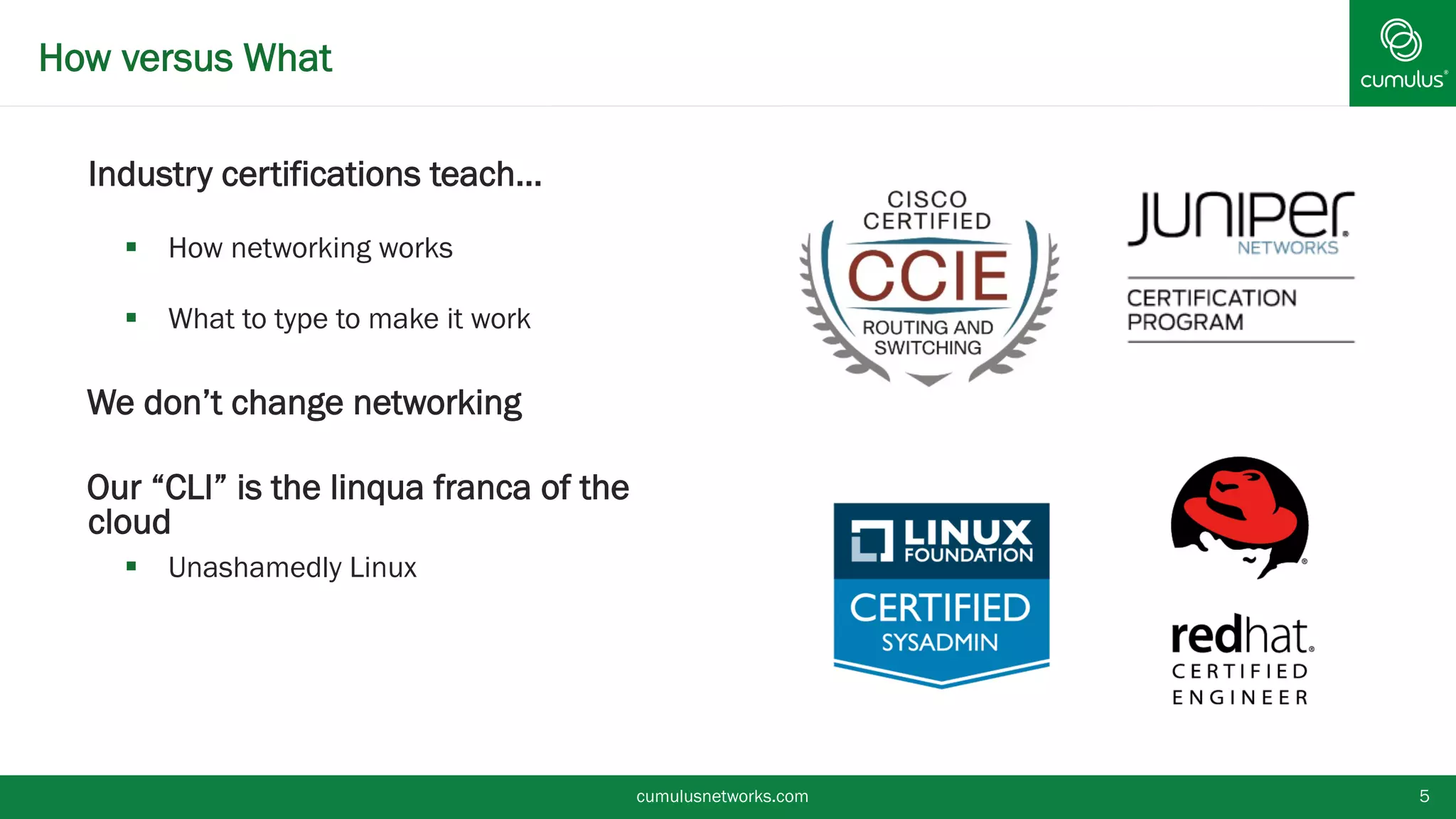 How versus What
cumulusnetworks.com 5
§ 
Industry certifications teach…
§  How networking works
§  What to type to make it work
§  We don’t change networking
§  Our “CLI” is the linqua franca of the
cloud
§  Unashamedly Linux
 