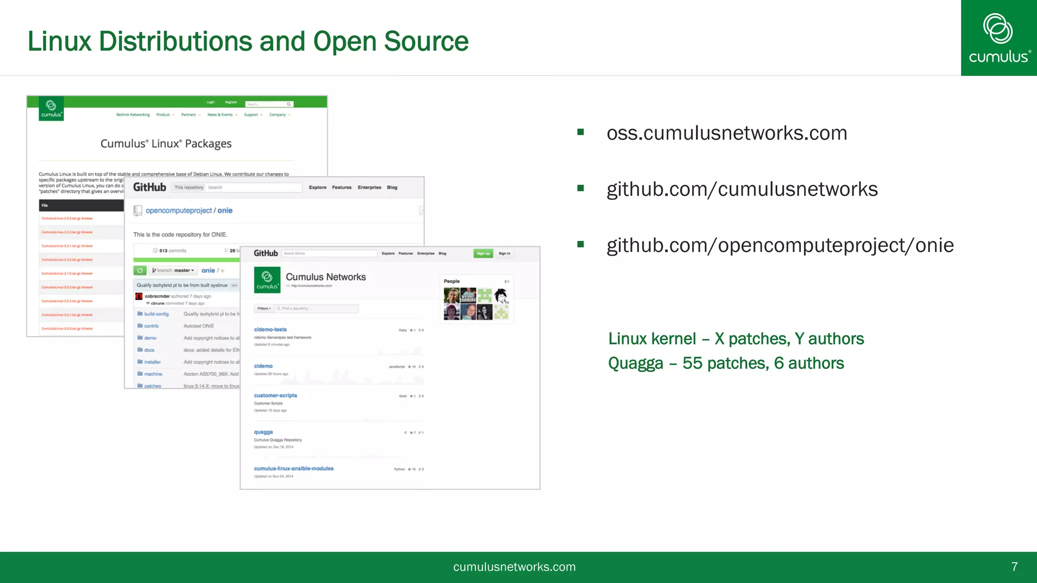 Linux Distributions and Open Source
cumulusnetworks.com 7
§  oss.cumulusnetworks.com
§  github.com/cumulusnetworks
§  github.com/opencomputeproject/onie
• 
•  Linux kernel – X patches, Y authors
•  Quagga – 55 patches, 6 authors
 