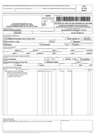 RECEBEMOS DE SULFRIMAX REFRIGERACAO LTDA OS PRODUTOS CONSTANTES DA NOTA FISCAL INDICADA AO LADO                                                                                                                           NF-e
    DATA DE RECEBIMENTO          IDENTIFICAÇÃO E ASSINATURA DO RECEBEDOR                            CLIENTE: F J R COMÉRCIO DE EQUIP. IND. E COM. LTDA VALOR: 4.250,21                                                Nº. 634
                                                                                                                                                                                                                      SÉRIE 1


                                                                                                          DANFE                        CONTROLE DO FISCO


                                                                                                  Documento Auxiliar da
                                                                                                  Nota Fiscal Eletrônica
                                                                                                  0 - ENTRADA
                                                                                                  1 - SAÍDA                   1        CHAVE DE ACESSO


                  SULFRIMAX REFRIGERACAO LTDA                                                     Nº. 634                              4312 0405 7921 4200 0152 5500 1000 0006 3417 9748 5682
               RUA BARAO DO TRIUNFO, 436 - CENTRO                                                 SÉRIE 1                                      Consulta de autenticidade no portal nacional da NF-e
        95800-000 - VENANCIO AIRES - RS - Fone: (51) 3741-5691                                                                             www.nfe.fazenda.gov.br/portal ou no site da Sefaz Autorizadora
NATUREZA DE OPERAÇÃO                                                                                                                                                        PROTOCOLO DE AUTORIZAÇÃO DE USO

VENDA DE MERCADORIAS                                                                                                                                     143120045770791 09/04/2012 11:34:24
                           INSCRIÇÃO ESTADUAL                                                 INSC. ESTADUAL DO SUBST. TRIBUTARIO                                                                    CNPJ

                           1550070590                                                                                                                                                   05.792.142/0001-52
DESTINATÁRIO / REMETENTE
NOME / RAZÃO SOCIAL                                                                                                                                            228      CNPJ/CPF                                             DATA DA EMISSÃO

 F J R COMÉRCIO DE EQUIP. IND. E COM. LTDA                                                                                                                                  08.985.342/0001-10                             09/04/2012
ENDEREÇO                                                                                                                  BAIRRO / DISTRITO                                               CEP                             DATA DA SAIDA/ENTRADA

Rodovia RS 239, n° 2326                                                                                                   Centro                                                           93800-000
MUNICIPÍO                                                                                    FONE / FAX                                                                UF               INSCRIÇÃO ESTADUAL                HORA DE SAIDA/ENTRADA

SAPIRANGA                                                                                    (51) 3559-5922                                                             RS              1310120797
CÁLCULO DO IMPOSTO
BASE DE CALCULO DO ICMS                         VALOR DO ICMS                            BASE DE CÁLCULO DO ICMS SUBSTITUIÇÃO                 VALOR DO ICMS SUBSTITUIÇÃO                         VALOR TOTAL DOS PRODUTOS

                            2.200,11                                          374,02                                            0,00                                                0,00                                           6.375,00
VALOR DO FRETE                       VALOR DO SEGURO                       DESCONTO                   OUTRAS DESPESAS ACESSORIAS              VALOR DO IPI                                       VALOR TOTAL DA NOTA

                          0,00                              0,00                      2.124,79                                  0,00                                                0,00                                           4.250,21
TRANSPORTADOR/VOLUMES TRANSPORTADOS
RAZÃO SOCIAL                                                                                                 FRETE POR CONTA            CÓDIGO ANTT                  PLACA DO VEÍCULO       UF               CNPJ / CPF
                                                                                                           1 - EMITENTE
Luis Jair Rodrigues                                                                                        2 - DESTINATÁRIO
                                                                                                                               2                                      ISF4173                   RS               971.338.500-44
ENDEREÇO                                                                                                   MUNICÍPIO                                                                                    UF            INSCRIÇÃO ESTADUAL

Rua Guilherme Frederico Hutner 957                                                                          VENANCIO AIRES                                                                              RS
QUANTIDADE                         ESPÉCIE                                                MARCA                                                        NUMERAÇÃO                           PESO BRUTO                     PESO LÍQUIDO

                           1       Volume                                                 Frimax                                                                                                               424                          410
DADOS DO PRODUTO/SERVIÇOS
CÓD.PROD.                         DESCRIÇÃO DO PRODUTO / SERVIÇOS                        NCM/SH     CST   CFOP         UN     QUANTIDADE        V. UNITARIO             V. TOTAL                                              V. IPI     ALIQ. ALIQ.
                                                                                                                                                                                                                                         ICMS IPI
    3169 Climatizador. Produto p. Panificação                                          84381000 020       5101        BB           1                  6.375,00               6.375,00                                                    17
         Especial; 220v,med 4000x750x2160,6 portas
         pta vd duplo bx emissivo; motor Danfoss HCM
         18 + material de instalação 3 m fora;
         instalação por conta do cliente;




DADOS ADICIONAIS
 INFORMAÇÕES COMPLEMENTARES                                                                                                                                   RESERVADO AO FISCO
Base de Cálcula reduzida do ICMS conforme Livro I artigo 23 Inciso XIII do RICMS/RS




Desenvolvido por Compumate Sistemas e Serviços Ltda - (51) 3741-1667                                                                                                                                                                        v2.00
 