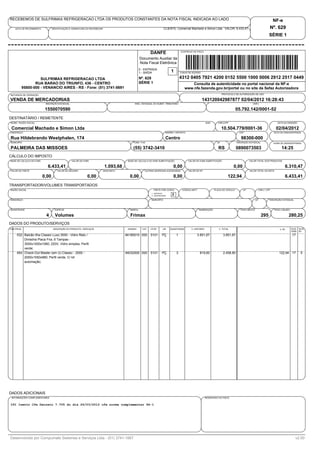 RECEBEMOS DE SULFRIMAX REFRIGERACAO LTDA OS PRODUTOS CONSTANTES DA NOTA FISCAL INDICADA AO LADO                                                                                                                         NF-e
    DATA DE RECEBIMENTO          IDENTIFICAÇÃO E ASSINATURA DO RECEBEDOR                                              CLIENTE: Comercial Machado e Simon Ltda VALOR: 6.433,41                                       Nº. 629
                                                                                                                                                                                                                    SÉRIE 1


                                                                                                        DANFE                        CONTROLE DO FISCO


                                                                                                Documento Auxiliar da
                                                                                                Nota Fiscal Eletrônica
                                                                                                0 - ENTRADA
                                                                                                1 - SAÍDA                   1        CHAVE DE ACESSO


                  SULFRIMAX REFRIGERACAO LTDA                                                   Nº. 629                              4312 0405 7921 4200 0152 5500 1000 0006 2912 2517 0449
               RUA BARAO DO TRIUNFO, 436 - CENTRO                                               SÉRIE 1                                      Consulta de autenticidade no portal nacional da NF-e
        95800-000 - VENANCIO AIRES - RS - Fone: (51) 3741-5691                                                                           www.nfe.fazenda.gov.br/portal ou no site da Sefaz Autorizadora
NATUREZA DE OPERAÇÃO                                                                                                                                                      PROTOCOLO DE AUTORIZAÇÃO DE USO

VENDA DE MERCADORIAS                                                                                                                                   143120042987877 02/04/2012 16:28:43
                           INSCRIÇÃO ESTADUAL                                               INSC. ESTADUAL DO SUBST. TRIBUTARIO                                                                   CNPJ

                           1550070590                                                                                                                                                 05.792.142/0001-52
DESTINATÁRIO / REMETENTE
NOME / RAZÃO SOCIAL                                                                                                                                         2440      CNPJ/CPF                                             DATA DA EMISSÃO

 Comercial Machado e Simon Ltda                                                                                                                                           10.504.779/0001-36                             02/04/2012
ENDEREÇO                                                                                                                BAIRRO / DISTRITO                                               CEP                             DATA DA SAIDA/ENTRADA

Rua Hildebrando Westphalen, 174                                                                                         Centro                                                           98300-000
MUNICIPÍO                                                                                  FONE / FAX                                                                UF               INSCRIÇÃO ESTADUAL                HORA DE SAIDA/ENTRADA

PALMEIRA DAS MISSOES                                                                       (55) 3742-3410                                                             RS              0890073503                              14:25
CÁLCULO DO IMPOSTO
BASE DE CALCULO DO ICMS                         VALOR DO ICMS                          BASE DE CÁLCULO DO ICMS SUBSTITUIÇÃO                 VALOR DO ICMS SUBSTITUIÇÃO                         VALOR TOTAL DOS PRODUTOS

                            6.433,41                                       1.093,68                                           0,00                                                0,00                                           6.310,47
VALOR DO FRETE                       VALOR DO SEGURO                       DESCONTO                 OUTRAS DESPESAS ACESSORIAS              VALOR DO IPI                                       VALOR TOTAL DA NOTA

                          0,00                              0,00                        0,00                                  0,00                                            122,94                                             6.433,41
TRANSPORTADOR/VOLUMES TRANSPORTADOS
RAZÃO SOCIAL                                                                                               FRETE POR CONTA            CÓDIGO ANTT                  PLACA DO VEÍCULO       UF               CNPJ / CPF
                                                                                                         1 - EMITENTE
                                                                                                         2 - DESTINATÁRIO
                                                                                                                             2
ENDEREÇO                                                                                                 MUNICÍPIO                                                                                    UF            INSCRIÇÃO ESTADUAL



QUANTIDADE                         ESPÉCIE                                              MARCA                                                        NUMERAÇÃO                           PESO BRUTO                     PESO LÍQUIDO

                           4       Volumes                                              Frimax                                                                                                               295                     280,25
DADOS DO PRODUTO/SERVIÇOS
CÓD.PROD.                         DESCRIÇÃO DO PRODUTO / SERVIÇOS                      NCM/SH     CST   CFOP         UN     QUANTIDADE        V. UNITARIO             V. TOTAL                                              V. IPI     ALIQ. ALIQ.
                                                                                                                                                                                                                                       ICMS IPI
     532 Balcão Ilha Classic Luxo 3000 - Vidro Reto /                                 84185010 000      5101        PÇ           1                  3.851,67               3.851,67                                                    17
         Divisória Placa Fria, 6 Tampas -
         3000x1000x1060; 220V, Vidro simples, Perfil
         verde;
     454 Check-Out Master (em U) Classic - 2000 -                                     94032000 000      5101        PÇ           3                   819,60                2.458,80                                         122,94 17         5
         2000x1050x980; Perfil verde, C/ kit
         automação;




DADOS ADICIONAIS
 INFORMAÇÕES COMPLEMENTARES                                                                                                                                 RESERVADO AO FISCO


IPI Isento Cfe Decreto 7.705 do dia 26/03/2012 cfe norma complementar 94-1




Desenvolvido por Compumate Sistemas e Serviços Ltda - (51) 3741-1667                                                                                                                                                                      v2.00
 
