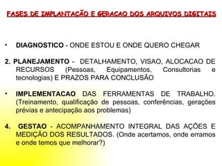 FASES DE IMPLANTAÇÃO E GERACAO DOS ARQUIVOS DIGITAIS DIAGNOSTICO  - ONDE ESTOU E ONDE QUERO CHEGAR 2. PLANEJAMENTO  -  DETALHAMENTO, VISAO, ALOCACAO DE RECURSOS (Pessoas, Equipamentos, Consultorias e tecnologias) E PRAZOS PARA CONCLUSÃO IMPLEMENTACAO  DAS FERRAMENTAS DE TRABALHO. (Treinamento, qualificação de pessoas, conferências, gerações prévias e antecipação aos problemas) 4.  GESTAO  - ACOMPANHAMENTO INTEGRAL DAS AÇÕES E MEDIÇÃO DOS RESULTADOS. (Onde acertamos, onde erramos e onde temos que melhorar?) 
