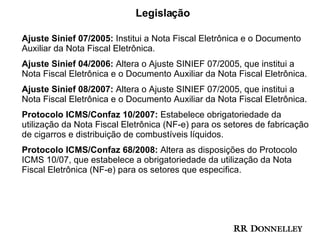 Legislação Ajuste Sinief 07/2005:   Institui a Nota Fiscal Eletrônica e o Documento Auxiliar da Nota Fiscal Eletrônica. Ajuste Sinief 04/2006:   Altera o Ajuste SINIEF 07/2005, que institui a Nota Fiscal Eletrônica e o Documento Auxiliar da Nota Fiscal Eletrônica.   Ajuste Sinief 08/2007:  Altera o Ajuste SINIEF 07/2005, que institui a Nota Fiscal Eletrônica e o Documento Auxiliar da Nota Fiscal Eletrônica. Protocolo ICMS/Confaz 10/2007:   Estabelece obrigatoriedade da utilização da Nota Fiscal Eletrônica (NF-e) para os setores de fabricação de cigarros e distribuição de combustíveis líquidos. Protocolo ICMS/Confaz 68/2008:  Altera as disposições do Protocolo ICMS 10/07, que estabelece a obrigatoriedade da utilização da Nota Fiscal Eletrônica (NF-e) para os setores que especifica.   
