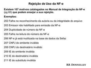 Rejeição de Uso da NF-e  Existem 107 motivos catalogados no Manual de Integração da NF-e  (pg 65)  que podem ensejar a sua rejeição. Exemplos:  202 Falha no reconhecimento da autoria ou da integridade do arquivo 203 Emissor não habilitado para emissão da NF-e 204 Duplicidade de número da NF-e 205 Falha na leitura do número da NF-e 206 NF-e já está inutilizada na base de dados da Sefaz 207 CNPJ do emitente inválido 208 CNPJ do destinatário inválido 209 IE do emitente inválida 210 IE do destinatário inválida 211 IE do substituto inválida  