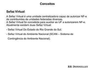 Conceitos Sefaz Virtual : A Sefaz Virtual é uma unidade centralizadora capaz de autorizar NF-e de contribuintes de unidades federadas diversas.  A Sefaz Virtual foi concebida para auxiliar as UF a autorizarem NF-e. Atualmente existem duas Sefaz Virtual: Sefaz Virtual Do Estado do Rio Grande do Sul; Sefaz Virtual do Ambiente Nacional (SCAN – Sistema de  Contingência do Ambiente Nacional).   