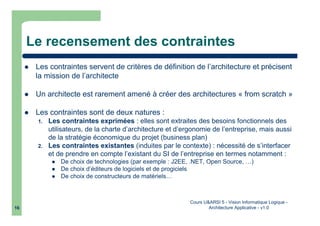 Cours U&ARSI 5 - Vision Informatique Logique -
Architecture Applicative - v1.016
Le recensement des contraintes
Les contraintes servent de critères de définition de l’architecture et précisent
la mission de l’architecte
Un architecte est rarement amené à créer des architectures « from scratch »
Les contraintes sont de deux natures :
1. Les contraintes exprimées : elles sont extraites des besoins fonctionnels des
utilisateurs, de la charte d’architecture et d’ergonomie de l’entreprise, mais aussi
de la stratégie économique du projet (business plan)
2. Les contraintes existantes (induites par le contexte) : nécessité de s’interfacer
et de prendre en compte l’existant du SI de l’entreprise en termes notamment :
De choix de technologies (par exemple : J2EE, .NET, Open Source, …)
De choix d’éditeurs de logiciels et de progiciels
De choix de constructeurs de matériels…
 