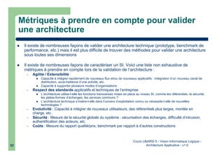 Cours U&ARSI 5 - Vision Informatique Logique -
Architecture Applicative - v1.022
Métriques à prendre en compte pour valider
une architecture
Il existe de nombreuses façons de valider une architecture technique (prototype, benchmark de
performance, etc.) mais il est plus difficile de trouver des méthodes pour valider une architecture
sous toutes ses dimensions
Il existe de nombreuses façons de caractériser un SI. Voici une liste non exhaustive de
métriques à prendre en compte lors de la validation de l’architecture :
– Agilité / Extensibilité :
Capacité à intégrer rapidement de nouveaux flux et/ou de nouveaux applicatifs : intégration d’un nouveau canal de
distribution, sous-traitance d’une activité, etc.
Capacité à supporter plusieurs modes d’organisations
– Respect des standards applicatifs et techniques de l’entreprise
L’architecture utilise-t-elle les fonctions transverses mises en place au niveau SI, comme les référentiels, la sécurité,
les plates-formes d’échanges, les services communs ?
L’architecture technique s’insère-t-elle dans l’univers d’exploitation connu ou nécessite-t-elle de nouvelles
technologies ?
– Evolutivité : Capacité à intégrer de nouveaux utilisateurs, des référentiels plus larges, montée en
charge, etc.
– Sécurité : Mesure de la sécurité globale du système : sécurisation des échanges, difficulté d’intrusion,
authentification des acteurs, etc.
– Coûts : Mesure du rapport qualité/prix, benchmark par rapport à d’autres constructions
 