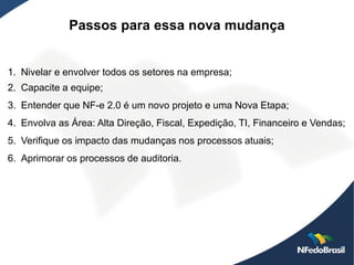 Passos para essa nova mudança


1. Nivelar e envolver todos os setores na empresa;
2. Capacite a equipe;
3. Entender que NF-e 2.0 é um novo projeto e uma Nova Etapa;
4. Envolva as Área: Alta Direção, Fiscal, Expedição, TI, Financeiro e Vendas;
5. Verifique os impacto das mudanças nos processos atuais;
6. Aprimorar os processos de auditoria.
 