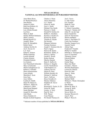 70

NFEAS JOURNAL
NATIONAL ALUMNI HONOR ROLL OF PUBLISHED WRITERS
Anne Marie Risen
D. Michael Risen(2)
Sam Ritchie
Sandra H. Ritter
Ruth Ann Roberts (4)
Kathleen Roney
Luis Alfredo Rosado
Lee Ross
Marta A. Roth
Stanley William Rothstein
Mark A. Runco
Brenda Russell (2)
Joseph F. Ryan
Ketty M. Sarouphim
Robert Sarrel
Anthony Saville (2)
Joe E. Savoie (3)
L.E. Scarr
Robert F. Scherer
Phillip Schlechty
Loretta Schmidt
Charles Schmitz
Elizabeth Schmitz
Liz Schmitz
Gail Theierbach-Schneider
Mary Jo Schneider
Martin Schoppmeyer (2)
Robert G. Schrader
Dawn Schuenemann
Laura Schulte
Mariellen F. Scott
Irene Seay
Joyce Sellers
Cynthia H. Shabb
Helen M. Sharp (2)
William L. Sharp (4)
Catherine A. Shaw
MaryFriend Shepard
Susan Sheridan
Joseph W. Showalter
John Sikula
Nancy Sindelar (2)
Brenda Scofield Singleton

Charles A. Sloan
Alexis Smerecky
Cy J. Smith
Edwin R. Smith
Jerry L. Smith
Michael Clay Smith
Patricia A. Smith
Donald W. Smitley (2)
Bobbie C. Smothers
Karolyn J. Snyder (5)
Kristen M. Snyder
Timothy D. Snyder
Pat Socoski
Margaret Solomon
Norman Sommers
Joseph C. Sommerville (2)
Paul A. Spano
Patricia M. Sparks
Richard K. Sparks, Jr
Deitra E. Spence
Gerald E. Sroufe
Robert Stalcup
Marilyn Stanard
Betty E. Steffy (2)
Dolores A. Stegelin
Carl R. Steinhoff (2)
Todd Stephens (2)
Anthony Stevens
Shirley B. Stow
William Streshly (4)
Michael E. Sullivan
Sam L. Sullivan
Bruce Swindle (3)
Marilyn Tallerico
Stephanie B. Tarver
Jim Tate
Raymond G. Taylor, Jr. (5)
Susan M. Tendy
Loretta A. Terry
Paul M. Terry
W.R. Thayer
Conn Thomas
M. Donald Thomas (3)

* Indicates number of times published in NFEAS JOURNAL

Jon E. Travis
E. John Turner
Eric Twadell
Ralph W. Tyler
Dan A. Unruh
C. Robert Utermohlen
Thomas C. Valesky (6)*
Johan W. van der Jagt
Karen VanderVen
James P. Van Keuren
Sharon VanMetre
James J. Van Patten (5)
Curtis Van Voorhees
Dorothy Vasquez-Levy
Jeanette Veatch
Adrian Vega
Frederick P. Venditti
Phillip N. Venditti
Deborah A. Verstegen (2)
Joyce P. Vincelette
Theopolis Vinson
Edward Walker
Yiping Wan
Guilan Wang
Mary Ann Ward
Fernelle L. Warren
Wenifort Washington
Lemuel W. Watson
Karen M. Watt
James C. Watts
Olga Watts
Lorrie Webb (2)
Michael Webb
William C. Weeks Christopher
S. Weiler
Dan Weinles
Robert M. Weir, Jr.
George R. Wells
Pamela Wells
Steven Wells (2)
Suzanne Wesson (2)
Joan E. West
Philip T. West (3)

 