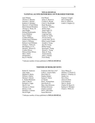 __________________________________________________________________71

NFEAS JOURNAL
NATIONAL ALUMNI HONOR ROLL OF PUBLISHED WRITERS
Janet Whaley
Thomas G. Wheeler
Norman L. Whisler
Kathryn S. Whitaker
Marcia E. O’Neill-White
Brent Edward Wholeben
Thomas G. Wicks, III
Jana Widder
Richard Wiederspahn
Louis Wildman
Sam T. Wilkes
Cynthia Williams
Frankie Keels Williams
James A. Williams
Robyne Carol Williams
Charles L. Willis (4)
Ben Wilson, Jr. (5)
Harold E. Wilson (2)
Cynthia Wilson
Patricia Potter Wilson
Mari J. Wirfs
Donald Wise
Kay D. Woelfel

Fred Wood
James A. Wood (3)
Cynthia S. Woody
Carol A. Woolbright
Dode Worsham
Frances C. Worthey
Robert Yager
Stuart Yager (2)
Darlene Yanez
LingLing Yang
Ginder A. Yarcha
Niveen Yaseen
Lucian Yates, III (2)
Hilary Lauren Yeager
Joseph A. Young
Ken M. Young
Phillip Young
Raymond J. Young
Russell L. Young
Betty R. Yung
Ernest Zamora
Sally J. Zepeda
Yixin Zhang

Virginia F. Ziegler
Steve Zinkgraff
Perry A. Zirkel (4)
Linda A. Zurplus (2)

* Indicates number of times published in NFEAS JOURNAL

WRITERS OF BOOK REVIEWS
Robert H. Anderson
John Andes
Mildred H. Bailey
William J. Bailey
Michael J. Berson
C. Robert Blackmon
John A. Brown
Richard A. Capps
Dan B. Carr
Thomas A. Clinton
Donna J. Cole
Donald G. Coleman
David Flight

Frederick John Gies (16)*
Cathy L. Guerra-Sakta
Hurst Hall (2)
Stephen Harper
Samuel T. Harris
Lil Hoehn
Paul L. Kimmelman
June Kisch (2)
Mary Alice Kritsonis
William Kritsonis
Charles Leonard
Will E. McCarther
Susan Morrison

* Indicates number of times published in NFEAS JOURNAL

Terry Oberg (3)
William J. O’Neill (5)
Robert C. O’Reilly (2)
Sandra rice
Steve Price
James D. Ricks
Louis Robison
Stern A. Roufa
Charles W. Ryan (3)
Kathryn S. Whitaker
Chuck L. Willis (3)

 