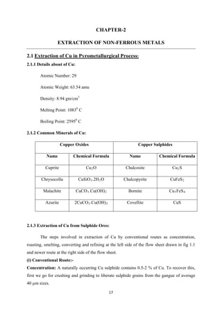 17
CHAPTER-2
EXTRACTION OF NON-FERROUS METALS
2.1
2.1.1 Details about of Cu:
Extraction of Cu in Pyrometallurgical Process:
Atomic Number: 29
Atomic Weight: 63.54 amu
Density: 8.94 gm/cm
Melting Point: 1083
3
0
Boiling Point: 2595
C
0
2.1.2 Common Minerals of Cu:
C
Copper Oxides Copper Sulphides
Name Chemical Formula Name Chemical Formula
Cuprite Cu2 Chalcosite
O Cu2S
Chrysocolla CuSiO3.2H2 Chalcopyrite
O CuFeS2
Malachite CuCO3.Cu(OH) Bornite
2 Cu5FeS4
Azurite 2CuCO3.Cu(OH) Covellite
2 CuS
2.1.3 Extraction of Cu from Sulphide Ores:
The steps involved in extraction of Cu by conventional routes as concentration,
roasting, smelting, converting and refining at the left side of the flow sheet drawn in fig 1.1
and newer route at the right side of the flow sheet.
(i) Conventional Route:-
Concentration: A naturally occurring Cu sulphide contains 0.5-2 % of Cu. To recover this,
first we go for crushing and grinding to liberate sulphide grains from the gangue of average
40 µm sizes.
 