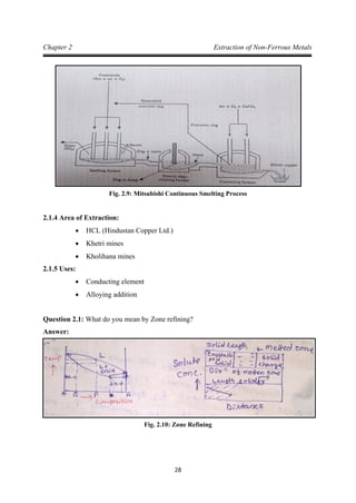 28
Chapter 2 Extraction of Non-Ferrous Metals
Fig. 2.9: Mitsubishi Continuous Smelting Process
2.1.4 Area of Extraction:
• HCL (Hindustan Copper Ltd.)
• Khetri mines
• Kholihana mines
2.1.5 Uses:
• Conducting element
• Alloying addition
Question 2.1: What do you mean by Zone refining?
Answer:
Fig. 2.10: Zone Refining
 