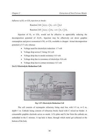 58
Chapter 2 Extraction of Non-Ferrous Metals
Influence of H2 or CH4 injection at Anode:
Reaction 2.64: 1
2
𝐴𝑙2𝑂3 +
3
2
𝐻2 → 𝐴𝑙 +
3
2
𝐻2𝑂
Injection of H
Reaction 2.65: 1
2
𝐴𝑙2𝑂3 +
3
4
𝐶𝐻4 → 𝐴𝑙 +
3
2
𝐻2 +
3
4
𝐶𝑂2
2 or CH4 would not be effective in appreciably reducing the
decomposition potential of Al2O3. Injection may be effectively cut down graphite
consumption and prove economical if H2 or CH4
• Voltage need for electrolytic reduction: 1.7 volt
available is cheaper. Actual decomposition
potential is 5-7 volt, whereas
• Voltage drop across C lining: 0.6 volt
• Voltage drop due to anode resistance: 0.5 volt
• Voltage drop due to resistance of electrolyte: 0.8 volt
• Voltage drop due to contact resistance: 0.3 volt
2.6.3.3 Electrolytic Reduction Cell:
Fig. 2.27: Electrolytic Reduction Cell
The cell consists of rectangular refractory lining steel box with l=5 m, w=2 m,
depth=1 m. Cathode lining consists of refractory bricks faced with C mixed tar binder. A
consumable graphite electrode serves as anode. A Fe plate and Fe bar form the cathode are
embedded in the C mixture. A tap hole is there, through which metal get collected at the
bottom of the hole.
 