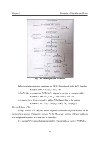 70
Chapter 2 Extraction of Non-Ferrous Metals
Fig. 2.33: Smelting of Tin Concentrate
Pulverize coal separate and precipitate out AlCl3. Deleading of Sn by SnCl2 based on
A Sn-Pb alloy removes from PbCl
Reaction 2.99: 𝑃𝑏 + 𝑆𝑛𝐶𝑙2 = 𝑃𝑏𝐶𝑙2 + 𝑆𝑛
2-SnCl2 mixture by melting in contact with Zn.
Any excess Ca or Mg is removed by adding NH
Reaction 2.100: 𝑆𝑛𝐶𝑙2 + 𝑃𝑏𝐶𝑙2 + 2𝑍𝑛 = 2𝑍𝑛𝐶𝑙2 + 𝑃𝑏 − 𝑆𝑛
4Cl according to the reaction
Electro Refining of Sn:
Reaction 2.101: 2𝑁𝐻4𝐶𝑙 + 𝐶𝑎(𝑀𝑔) = 2𝑁𝐻3 + 𝐻2 + 𝐶𝑎(𝑀𝑔)𝐶𝑙2
Using a mixture of H2SO4
It is analyze 95% Sn dissolve in pure metal to obtain at cathode sheet of 99.95% Sn.
and phenol sulphonic acid as electrolytes is feasible. If, Sn
contains large amount of impurities such as Pb, Bi, Sb, As etc. Mixture of Cresol sulphonic
acid and phenol sulphonic acid now used as electrolyte.
 
