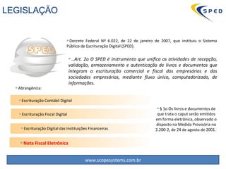 … Art. 2o O SPED é instrumento que unifica as atividades de recepção, validação, armazenamento e autenticação de livros e documentos que integram a escrituração comercial e fiscal dos empresários e das sociedades empresárias, mediante fluxo único, computadorizado, de informações.   Decreto Federal Nº 6.022, de 22 de janeiro de 2007, que instituiu o Sistema Público de Escrituração Digital (SPED).  Abrangência: Escrituração Contábil Digital Escrituração Fiscal Digital Escrituração Digital das Instituições Financeiras Nota Fiscal Eletrônica § 1o Os livros e documentos de que trata o caput serão emitidos em forma eletrônica, observado o disposto na Medida Provisória no 2.200-2, de 24 de agosto de 2001.  LEGISLAÇÃO 