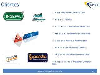 Clientes Baldi  Indústria e Comércio Ltda Takata  Petri S/A Steelcoat  Pinturas Industriais Ltda Maxcoat  Tratamento de Superfícies Colauto  Massas e Adesivos Ltda Foseco  S/A Indústria e Comércio Impacta  Indústria e Comércio Ltda Spirax Sarco  Indústria e Comércio Ltda 