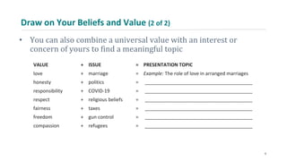 Draw on Your Beliefs and Value (2 of 2)
• You can also combine a universal value with an interest or
concern of yours to find a meaningful topic
VALUE + ISSUE = PRESENTATION TOPIC
love + marriage = Example: The role of love in arranged marriages
honesty + politics = ________________________________________
responsibility + COVID-19 = ________________________________________
respect + religious beliefs = ________________________________________
fairness + taxes = ________________________________________
freedom + gun control = ________________________________________
compassion + refugees = ________________________________________
6
 