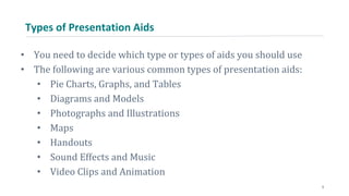 Types of Presentation Aids
• You need to decide which type or types of aids you should use
• The following are various common types of presentation aids:
• Pie Charts, Graphs, and Tables
• Diagrams and Models
• Photographs and Illustrations
• Maps
• Handouts
• Sound Effects and Music
• Video Clips and Animation
5
 