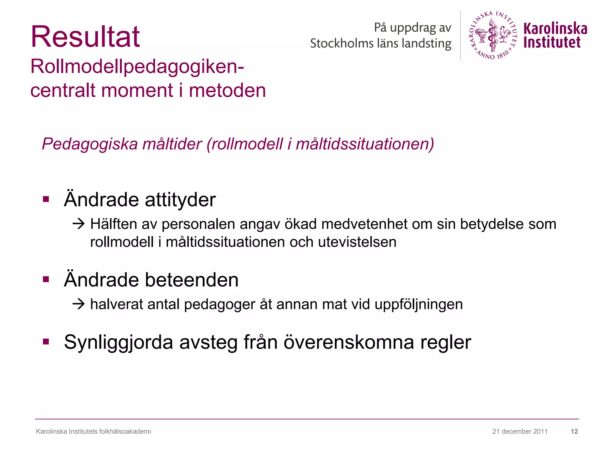 Resultat
Rollmodellpedagogiken-
centralt moment i metoden

 Pedagogiska måltider (rollmodell i måltidssituationen)


  Ändrade attityder
            Hälften av personalen angav ökad medvetenhet om sin betydelse som
             rollmodell i måltidssituationen och utevistelsen

  Ändrade beteenden
            halverat antal pedagoger åt annan mat vid uppföljningen

  Synliggjorda avsteg från överenskomna regler



Karolinska Institutets folkhälsoakademi                                21 december 2011   12
 