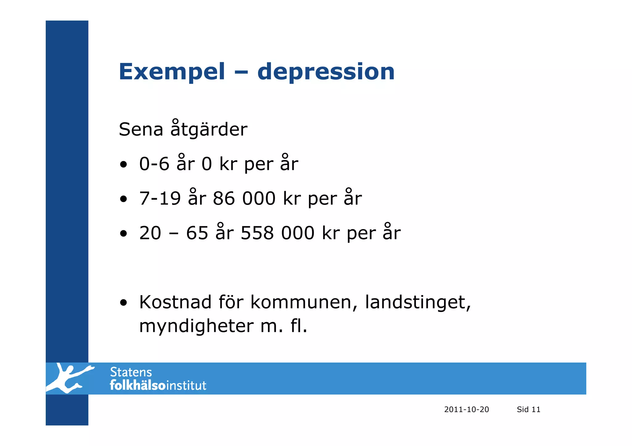 Exempel – depression

Sena åtgärder
• 0-6 år 0 kr per år
• 7-19 år 86 000 kr per år
• 20 – 65 år 558 000 kr per år


• Kostnad för kommunen, landstinget,
  myndigheter m. fl.



                                 2011-10-20   Sid 11
 