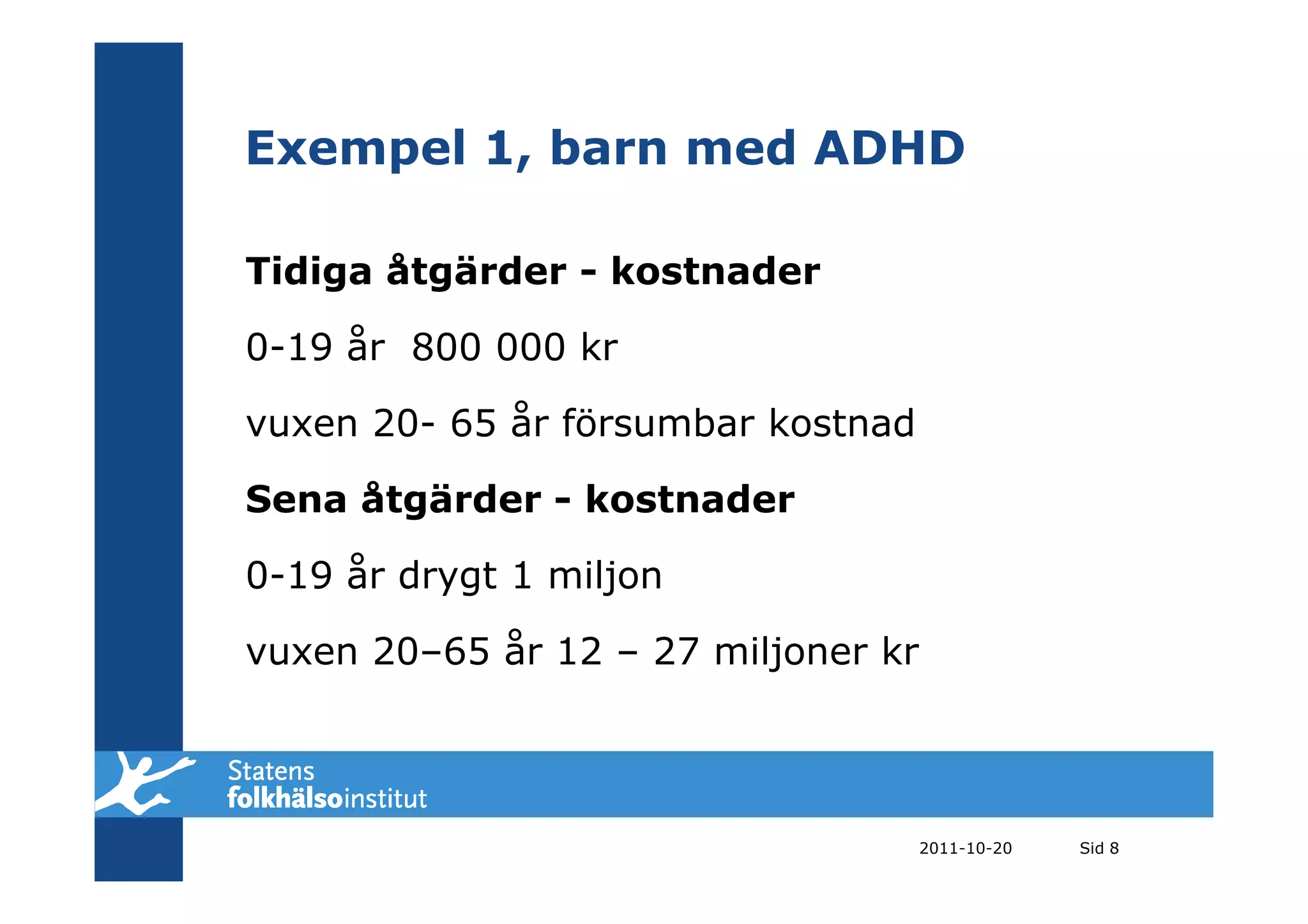 Exempel 1, barn med ADHD

Tidiga åtgärder - kostnader

0-19 år 800 000 kr

vuxen 20- 65 år försumbar kostnad

Sena åtgärder - kostnader

0-19 år drygt 1 miljon

vuxen 20–65 år 12 – 27 miljoner kr




                                     2011-10-20   Sid 8
 