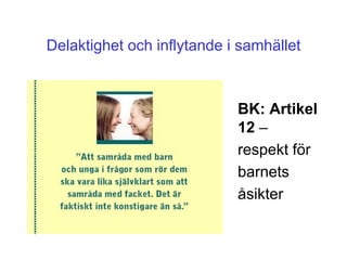 Delaktighet och inflytande i samhället



                            BK: Artikel
                            12 –
                            respekt för
                            barnets
                            åsikter
 