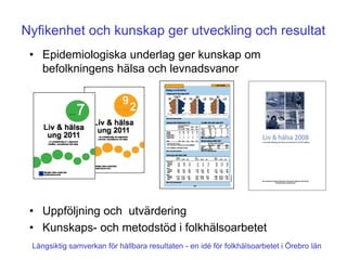 Nyfikenhet och kunskap ger utveckling och resultat
 • Epidemiologiska underlag ger kunskap om
   befolkningens hälsa och levnadsvanor




 • Uppföljning och utvärdering
 • Kunskaps- och metodstöd i folkhälsoarbetet
 Långsiktig samverkan för hållbara resultaten - en idé för folkhälsoarbetet i Örebro län
 