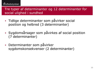 Tre typer af determinanter og 12 determinanter for
social ulighed i sundhed

 Tidlige determinanter som påvirker social
  position og helbred (3 determinanter)

 Sygdomsårsager som påvirkes af social position
  (7 determinanter)

 Determinanter som påvirker
  sygdomskonsekvenser (2 determinanter)




                                                     10
 