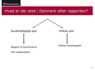 Hvad er der sket i Danmark efter rapporten?




   Sundhedsfagligt spor     Politisk spor




                            Politisk handlingsplan
   Rapport til kommunerne

   Film præsentation




                                                     13
 
