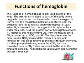 Functions of hemoglobin
The Function of hemoglobin is to pick up dioxygen at the
lungs. The arteries carry blood to parts ...