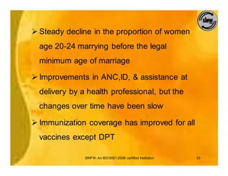 Ø Steady decline in the proportion of women
  age 20-24 marrying before the legal
  minimum age of marriage

Ø Improvements in ANC,ID, & assistance at
  delivery by a health professional, but the
  changes over time have been slow

Ø Immunization coverage has improved for all
  vaccines except DPT

               SIHFW: An ISO:9001:2008 certified Institution   33
 