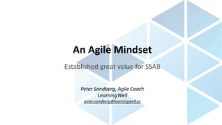 An Agile Mindset
Established great value for SSAB
Peter Sandberg, Agile Coach
LearningWell
peter.sandberg@learningwell.se
 