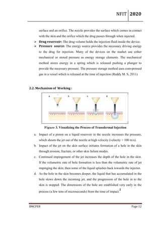 NFIT 2020
BMCPER Page 12
surface and an orifice. The nozzle provides the surface which comes in contact
with the skin and the orifice which the drug passes through when injected.
 Drug reservoir: The drug volume holds the injection fluid inside the device.
 Pressure source: The energy source provides the necessary driving energy
to the drug for injection. Many of the devices on the market use either
mechanical or stored pressure as energy storage elements. The mechanical
method stores energy in a spring which is released pushing a plunger to
provide the necessary pressure. The pressure storage method uses com-pressed
gas in a vessel which is released at the time of injection (Reddy M. S, 2011)
2.2. Mechanism of Working :
Figure 3. Visualizing the Process of Transdermal Injection
a. Impact of a piston on a liquid reservoir in the nozzle increases the pressure,
which shoots the jet out of the nozzle at high velocity (velocity > 100 m/s).
b. Impact of the jet on the skin surface initiates formation of a hole in the skin
through erosion, fracture, or other skin failure modes.
c. Continued impingement of the jet increases the depth of the hole in the skin.
If the volumetric rate of hole formation is less than the volumetric rate of jet
impinging the skin, then some of the liquid splashes back towards the injector.
d. As the hole in the skin becomes deeper, the liquid that has accumulated in the
hole slows down the incoming jet, and the progression of the hole in to the
skin is stopped. The dimensions of the hole are established very early in the
process (a few tens of microseconds) from the time of impact.
2
 
