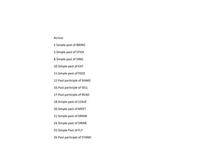 Across:

1.Simple past of BRING

5.Simple past of STICK

8.Simple past of SING

10.Simple past of EAT

11.Simple past of FEED

12.Past participle of SHAKE

16.Past participle of SELL

17.Past participle of READ

18.Simple past of LEAVE

20.Simple past of MEET

21.Simple past of DRAW

24.Simple past of DRINK

25.Simple Past of FLY

26.Past participle of STAND
 