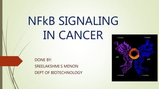 NFkB SIGNALING
IN CANCER
DONE BY:
SREELAKSHMI S MENON
DEPT OF BIOTECHNOLOGY
 
