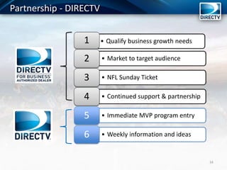 Partnership - DIRECTV
• Qualify business growth needs1
• Market to target audience2
• NFL Sunday Ticket3
• Continued support & partnership4
• Immediate MVP program entry5
• Weekly information and ideas6
34
 